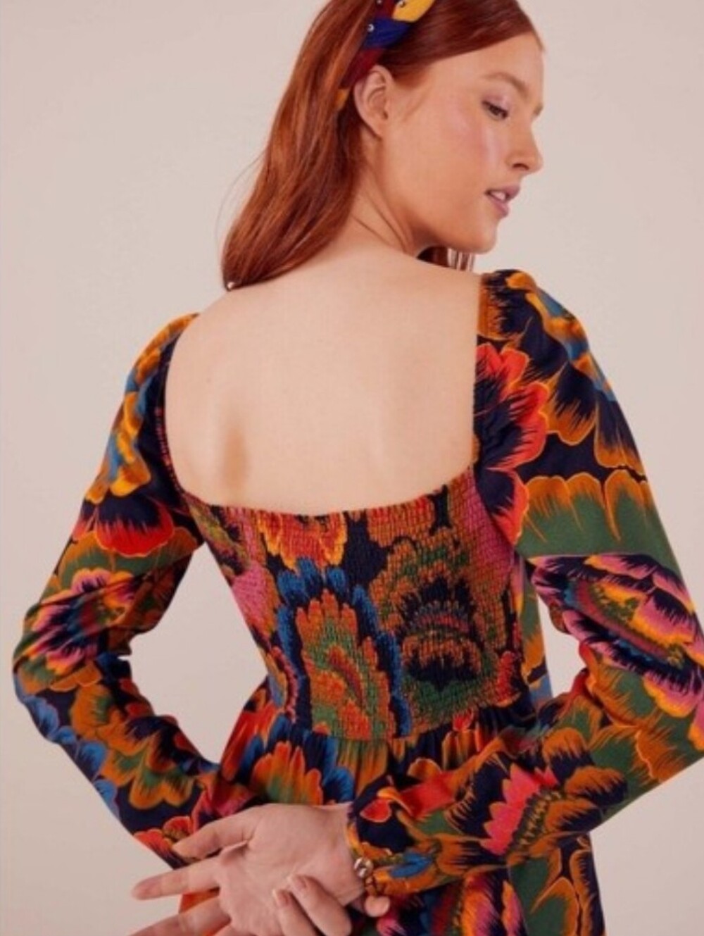 NEW FARM Rio Colorful Flowers Square-Neck Smocked Back Midi Dress Size XS - Picture 4 of 16